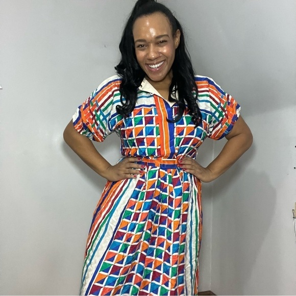 Vintage silk colorful A-line midi dress retro chic 80s twee bold graphic mod - Picture 3 of 15